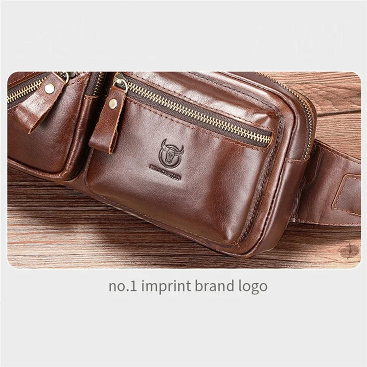 BULLCAPTAIN 082 Travel Outdoor Men Chest Bag Top Layer Cowhide Leather Waist Pack