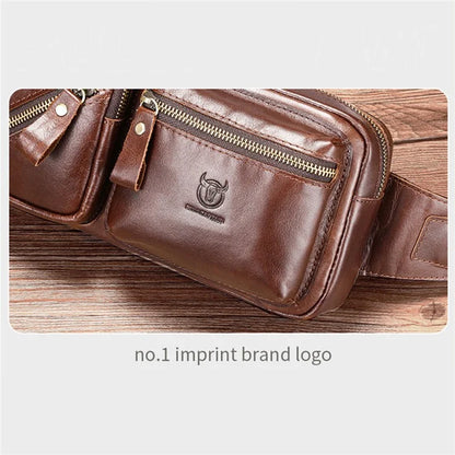 BULLCAPTAIN 082 Travel Outdoor Men Chest Bag Top Layer Cowhide Leather Waist Pack