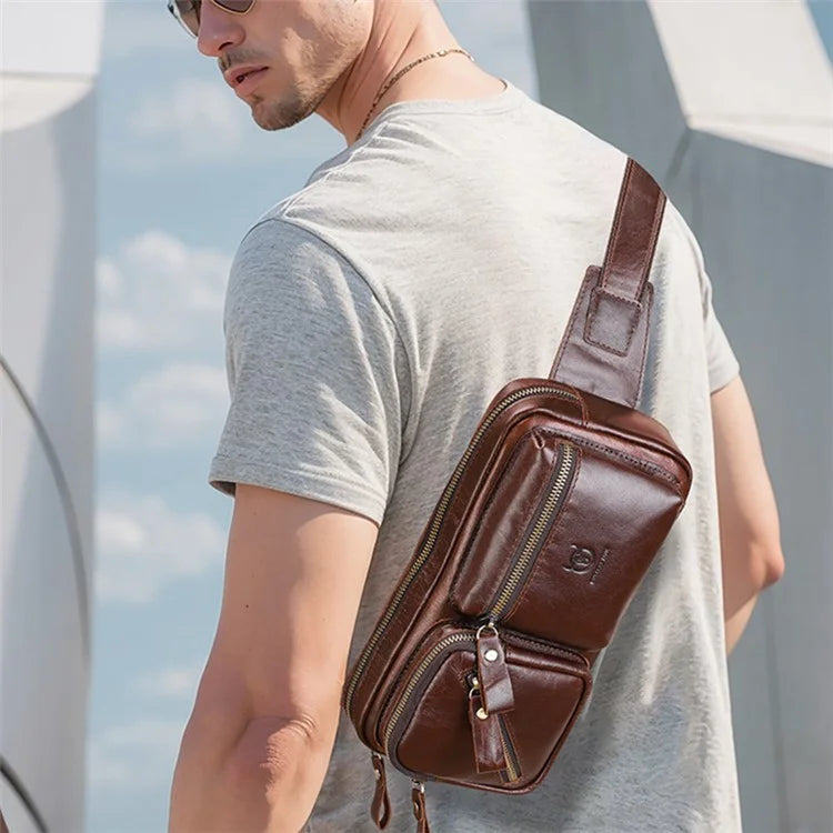 BULLCAPTAIN 082 Travel Outdoor Men Chest Bag Top Layer Cowhide Leather Waist Pack