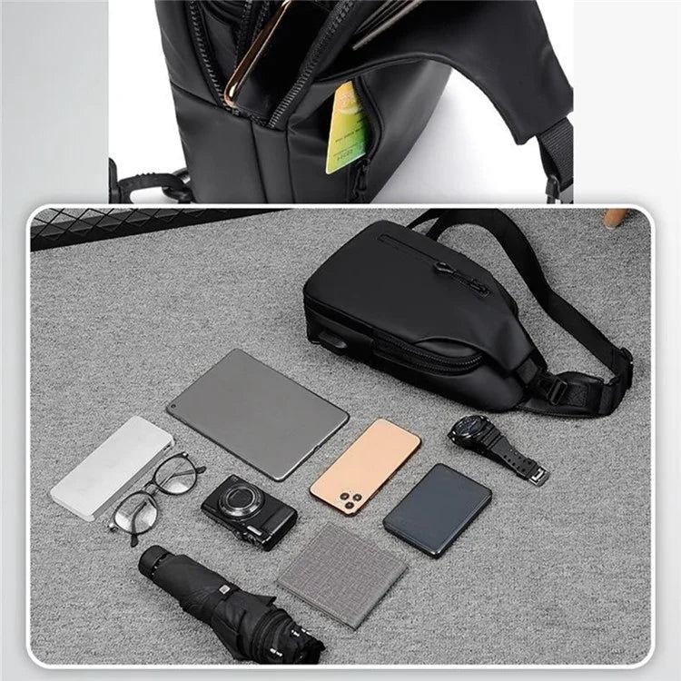 Men's Chest Bag Waterproof PU Crossbody Bag Travel Business Shoulder Bag Daypack with USB Port