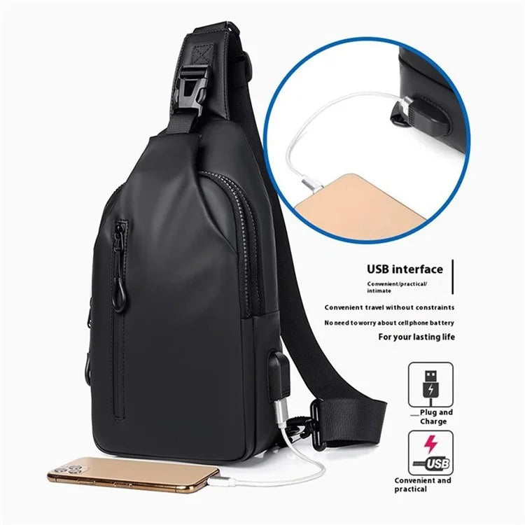 Men's Chest Bag Waterproof PU Crossbody Bag Travel Business Shoulder Bag Daypack with USB Port