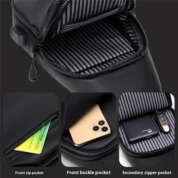 Men's Chest Bag Waterproof PU Crossbody Bag Travel Business Shoulder Bag Daypack with USB Port