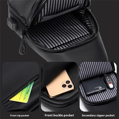 Men's Chest Bag Waterproof PU Crossbody Bag Travel Business Shoulder Bag Daypack with USB Port