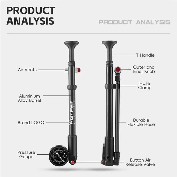 WEST BIKING 300PSI Bike Shock-Absorbed Pump High Pressure Ait Inflator Bicycle Aluminum Alloy Air Pump