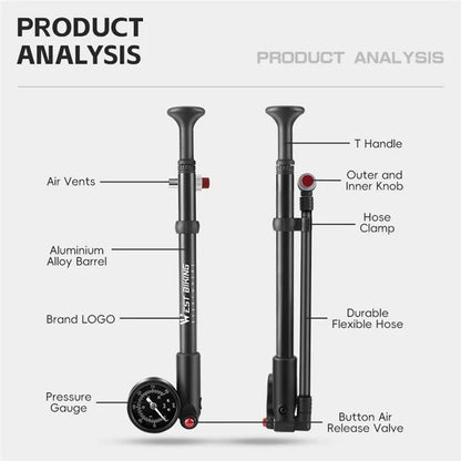 WEST BIKING 300PSI Bike Shock-Absorbed Pump High Pressure Ait Inflator Bicycle Aluminum Alloy Air Pump