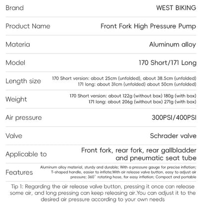 WEST BIKING 400PSI Bike Shock-Absorbed Pump High Pressure Ait Inflator Bicycle Aluminum Alloy Air Pump