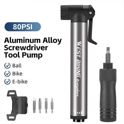 WEST BIKING YP0711155 Portable Bicycle Tire Air Pump Screwdriver Aluminum Alloy Manual Inflator