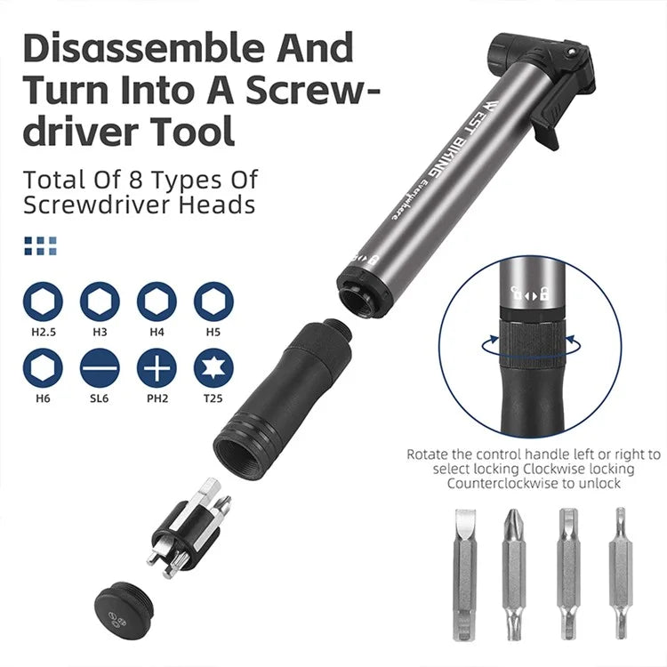 WEST BIKING YP0711155 Portable Bicycle Tire Air Pump Screwdriver Aluminum Alloy Manual Inflator