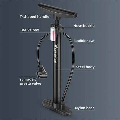 WEST BIKING YP0711159 Widen Handle Air Pump High Pressure Motorcycle E-Bike Bicycle Tire Inflator