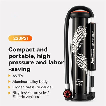 ROCKBROS QT-LD1 Bicycle Pump 220PSI Mini Hand Air Pump Tire Inflator with Hidden Pressure Gauge