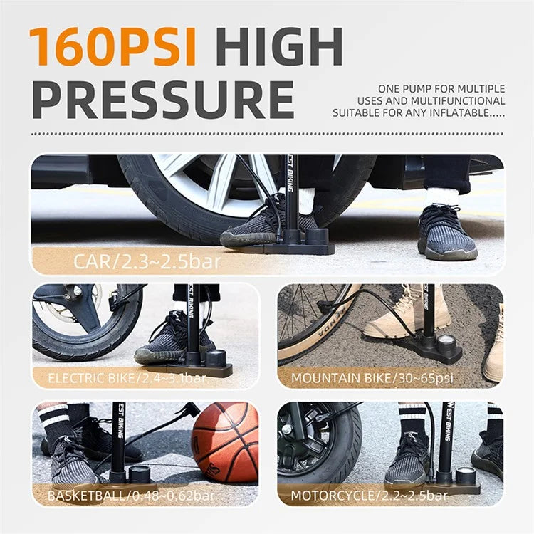 WEST BIKING YP0711142 160PSI High Pressure E-Bike Bicycle Tire Air Pump with Pressure Gauge