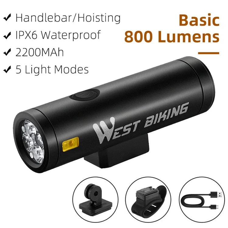 WEST BIKING YP0701399 800 Lumen LED Bike Front Light Rechargeable Bicycle Night Cycling Safety Torch