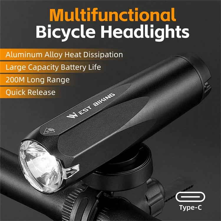 WEST BIKING YP0701404 Multifunctional Bicycle Light Sensing 600 Lumens Type-C Headlight Road Bike Light
