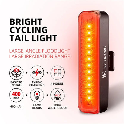 WEST BIKING YP0701359 Rechargeable Bike Tail Light 400mAh LED Bicycle Rear Light