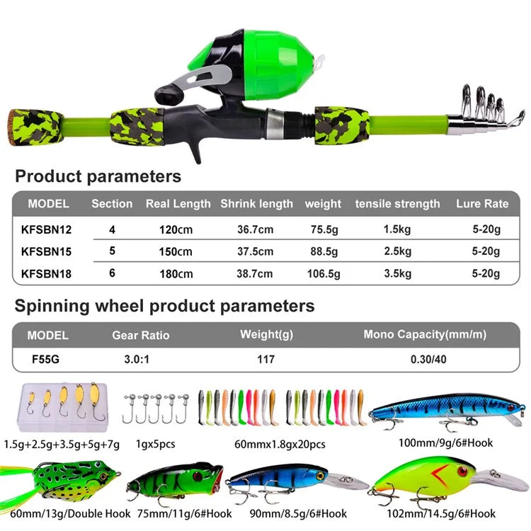 PROBEROS KFSAN12 1.5m Fishing Rod Camo Fishing Pole Combo Set with Mini Lures