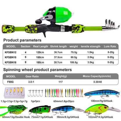 PROBEROS KFSAN12 1.5m Fishing Rod Camo Fishing Pole Combo Set with Mini Lures