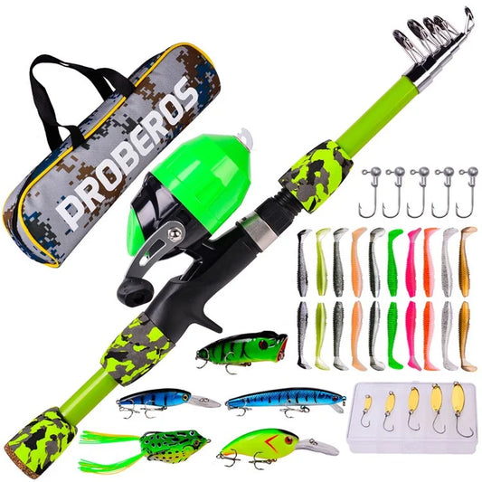 PROBEROS KFSAN12 1.8m Camo Fishing Pole Set with Mini Lures, Retractable Fishing Rod