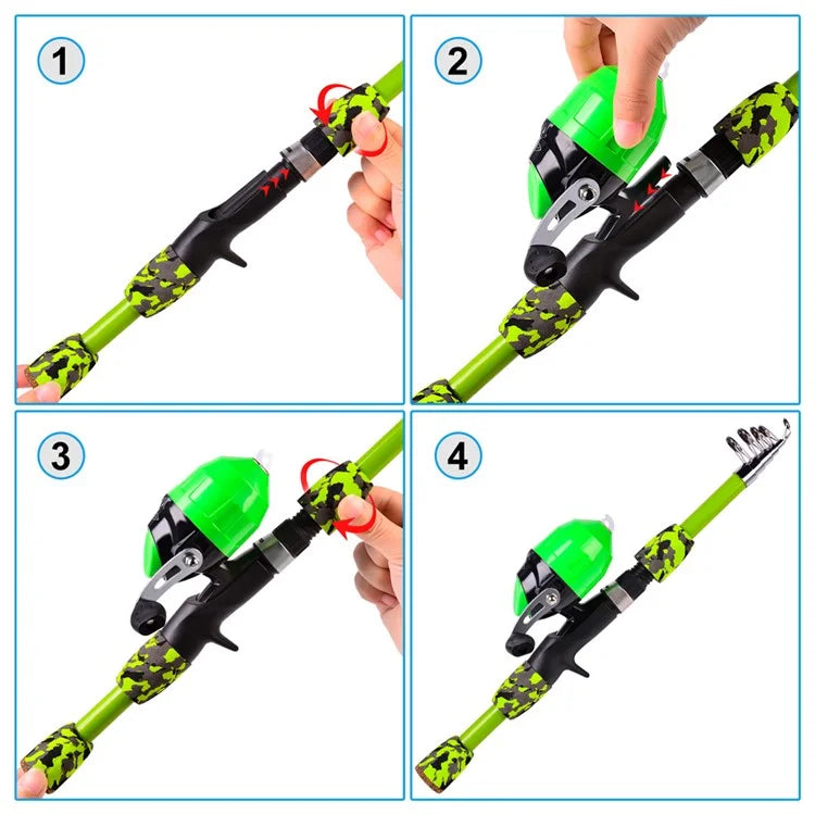 PROBEROS KFSAN12 1.8m Camo Fishing Pole Set with Mini Lures, Retractable Fishing Rod