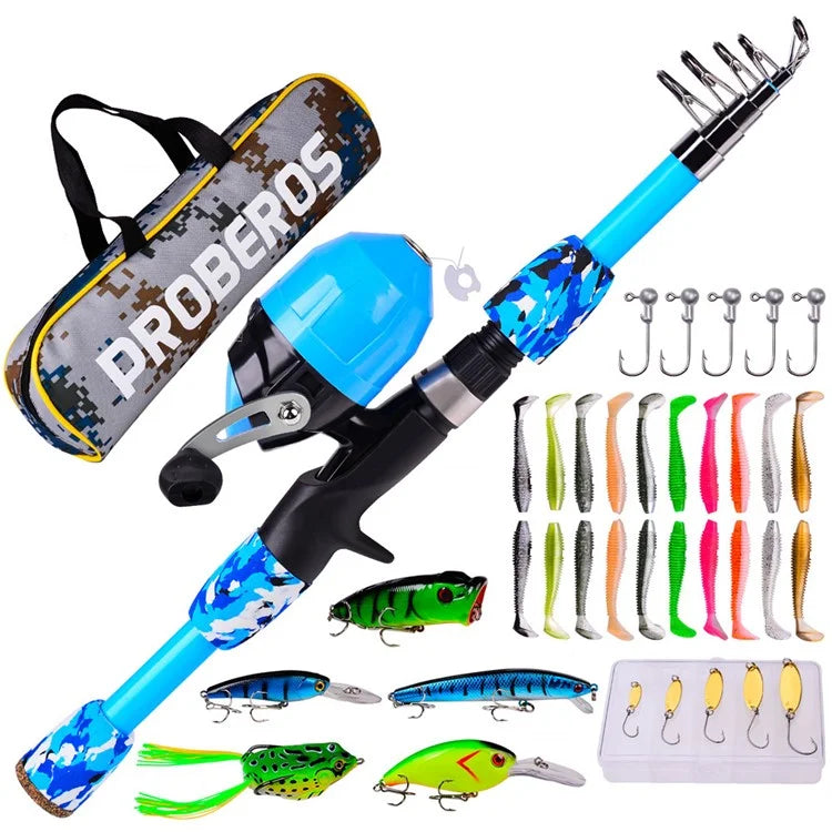 PROBEROS KFSAN12 1.8m Camo Fishing Pole Set with Mini Lures, Retractable Fishing Rod