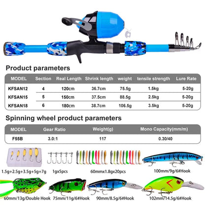PROBEROS KFSAN12 1.8m Camo Fishing Pole Set with Mini Lures, Retractable Fishing Rod