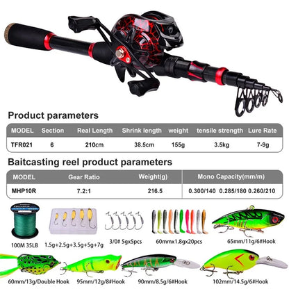 PROBEROS HWCSET100 2.1m Carbon Fishing Rod Pole Reel Combo with Line Lure Hook