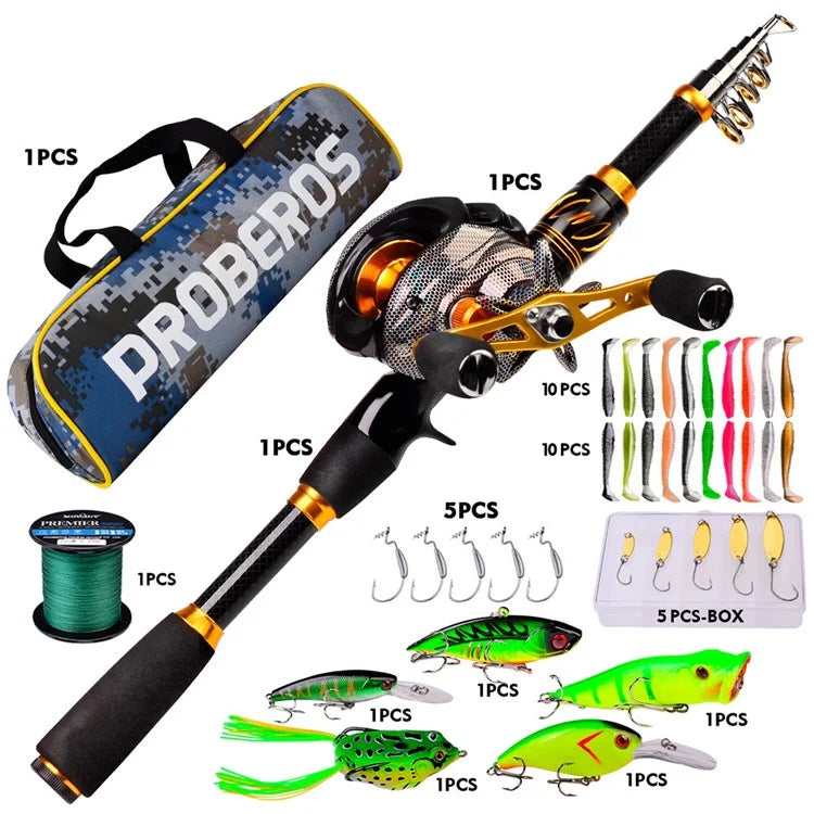 PROBEROS HWCSET097 2.1m Carbon Telescopic Rod Fishing Reel Lure Line Kit with Carrier Bag