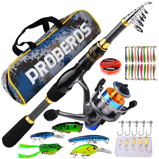 PROBEROS HWCSET108 2.4m Telescopic Fishing Rod Fishing Reel Combo Set with Lures
