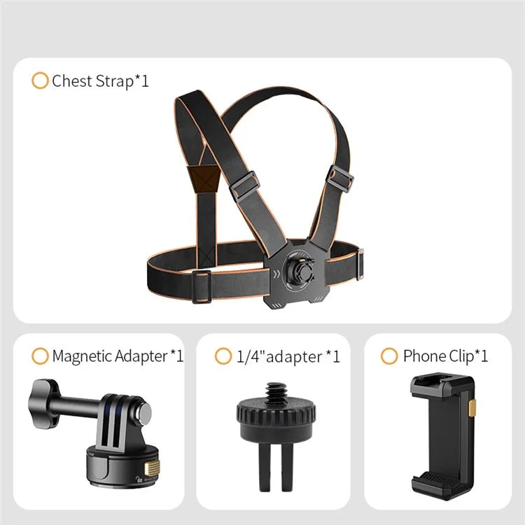 Gp-032 Action Camera Chest Strap + Magnetic Quick Release Base + 1 / 4 Mini Adapter + Phone Clip