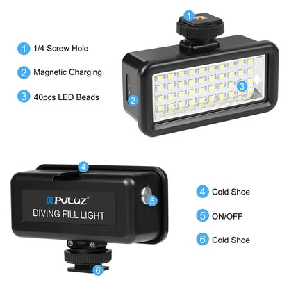 PULUZ PU631B 40m Waterproof 40-LED Camera Fill Light Rechargeable Diving Vlogging Photography Light