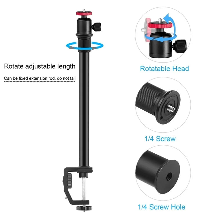 PULUZ PU3064B C-Clamp with Ball Head Gimbal Adjustable Center Column Extension Rod, Rod Length 33-60cm
