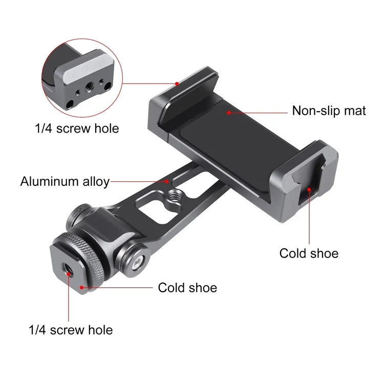 PULUZ PU3207B Cold Shoe Phone Clamp 360-Degree Rotation Aluminum Alloy Phone Clip Bracket
