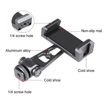 PULUZ PU3207B Cold Shoe Phone Clamp 360-Degree Rotation Aluminum Alloy Phone Clip Bracket