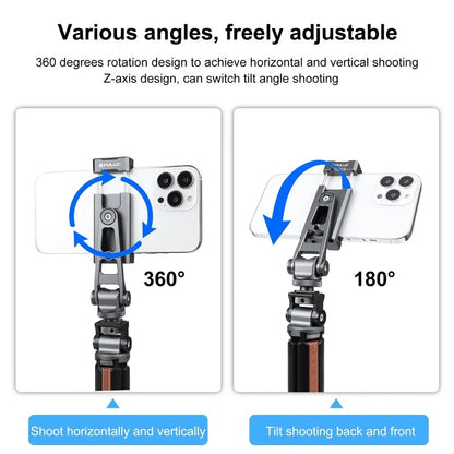 PULUZ PU3207B Cold Shoe Phone Clamp 360-Degree Rotation Aluminum Alloy Phone Clip Bracket