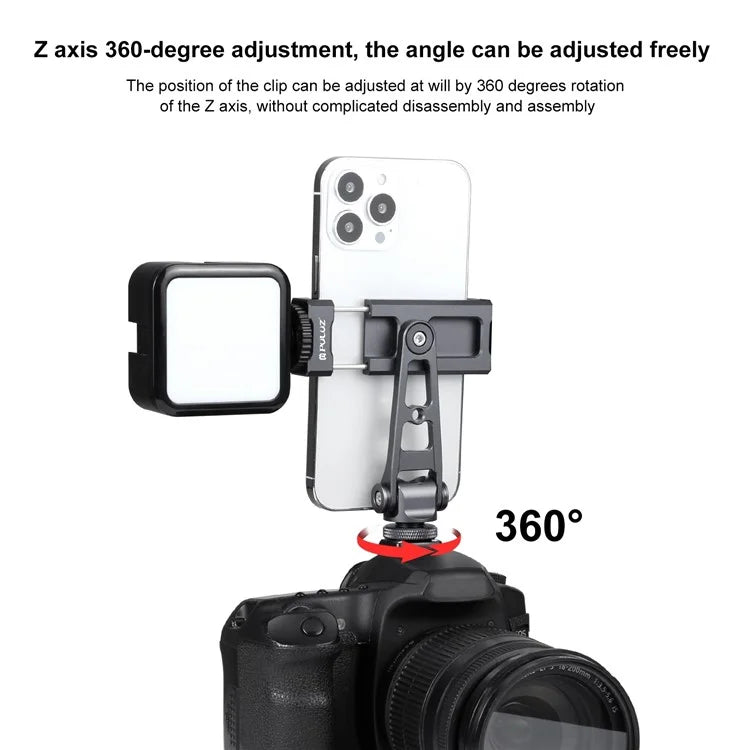 PULUZ PU3207B Cold Shoe Phone Clamp 360-Degree Rotation Aluminum Alloy Phone Clip Bracket