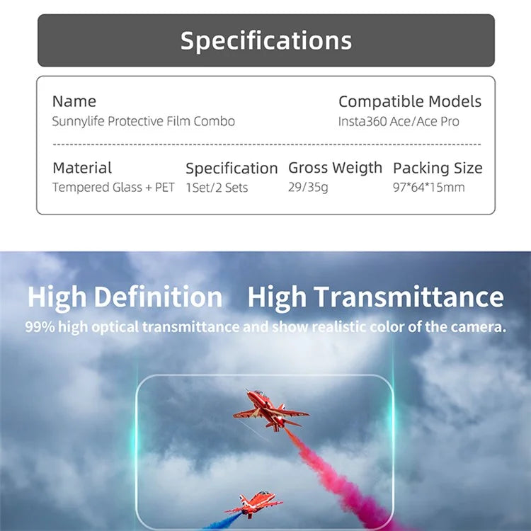 SUNNYLIFE 2 Sets For Insta360 Ace High Sensitive Camera Screen Films Oil-proof Tempered Glass Protectors