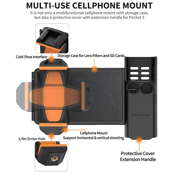 SUNNYLIFE OP3-AD744 For DJI Osmo Pocket 3 Expanded Cell Phone Holder with Storage Case, Action Camera Extension Handle with 1 / 4 Screw