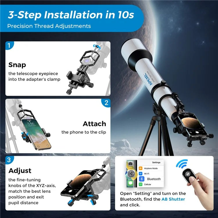 APEXEL APL-F003 Universal Digiscoping Adapter Phone Telescope 3-Axis Metal Holder Mount Eyepiece Connector