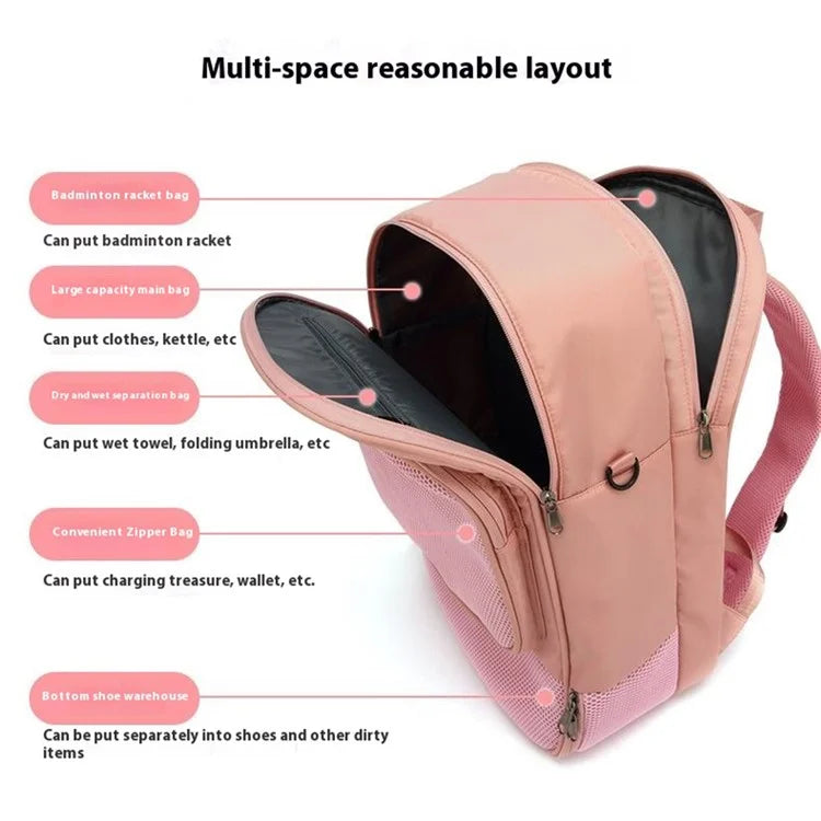 Tennis Badminton Sports Bag Racket Storage Nylon Backpack with Shoe Compartment, 31x19x46cm - Pink