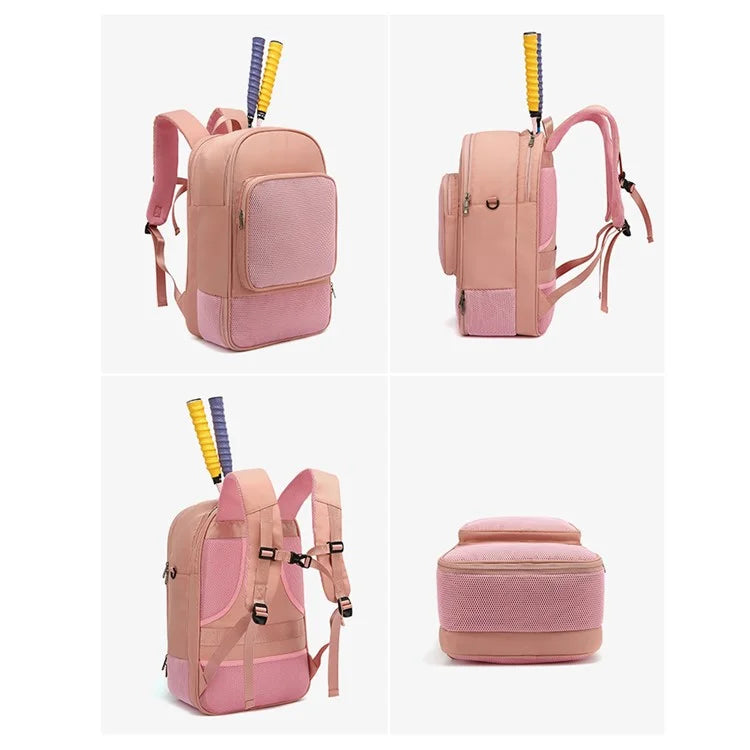 Tennis Badminton Sports Bag Racket Storage Nylon Backpack with Shoe Compartment, 31x19x46cm - Pink