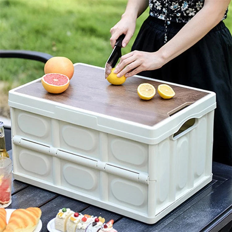 AOTU AT6916-1 55L Outdoor Camping PP Storage Case Folding Car Trunk Organizer Storage Box with Wooden Lid