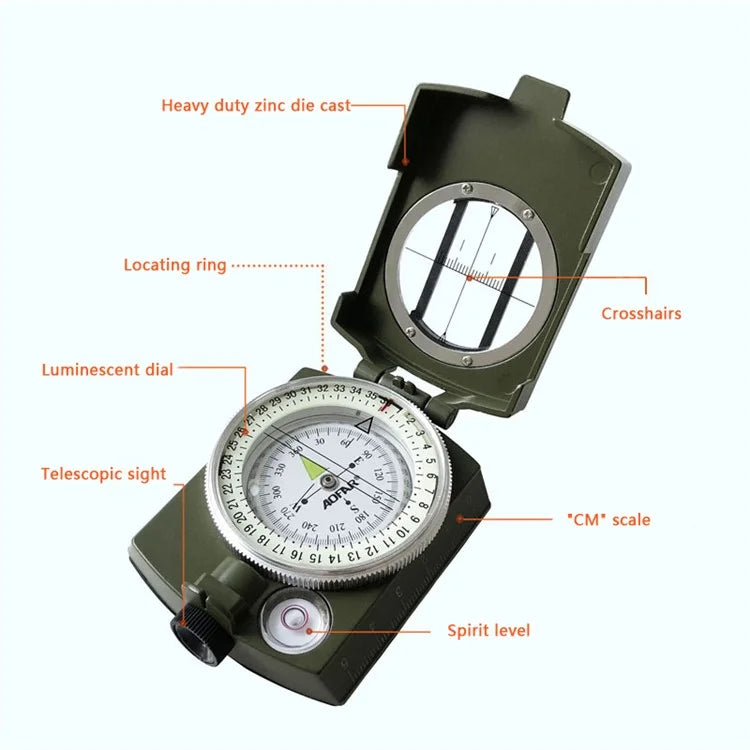 AOFAR AF-4580 Zinc Alloy Outdoor Compass Hiking Camping Fluorescent Compass