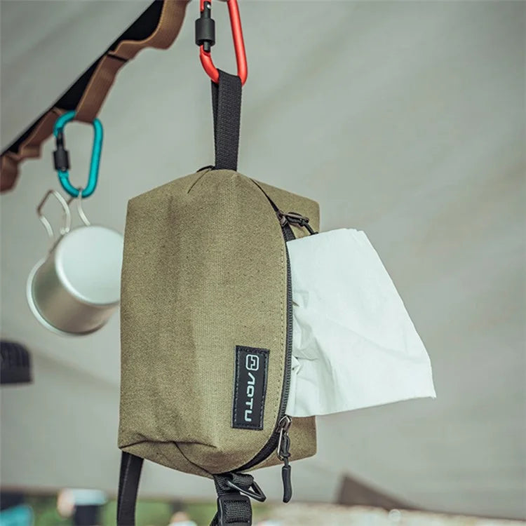 AOTU Camping Tent Canvas Tissue Cover Tissue Paper Storage Box Hanging Holder Bag with Carabiner
