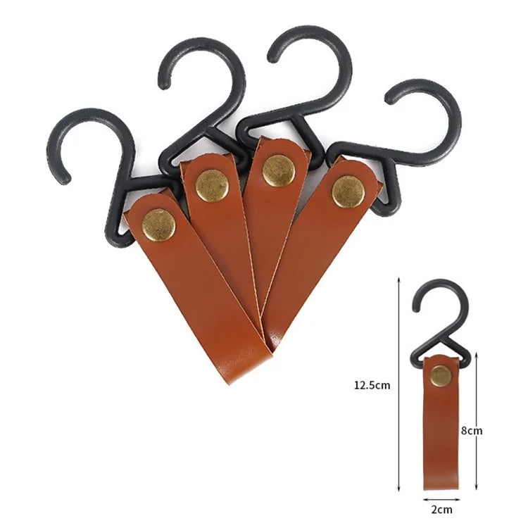 AOTU 4Pcs PU Leather Strap S-Shape Plastic Hooks for Outdoor Camping Hanging Pots Pans