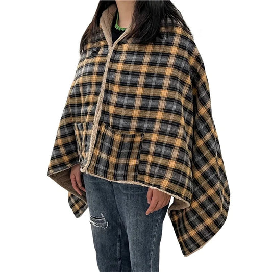 841311 158x84cm Wearable Blanket Heated Artificial Rabbit Fur+Cloth Shawl Cover with Pockets