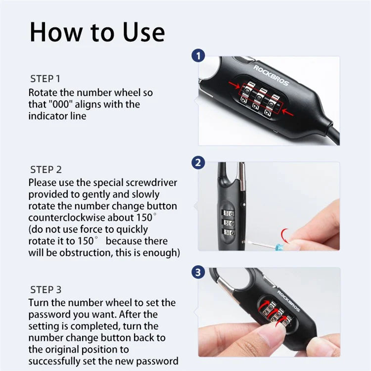 ROCKBROS PL3002 Spring Cord Motorcycle Helmet Bicycle Code Lock Anti-theft Steel Wire Password Lock