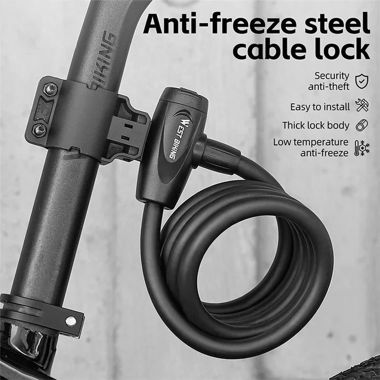 WEST BIKING YP0705099 1.5m Anti-Freeze Steel Bike Cable Lock Coiling Anti-Theft Bicycle Lock Chain