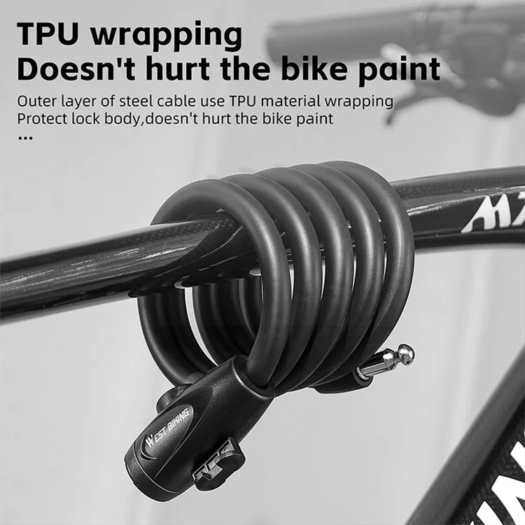 WEST BIKING YP0705099 1.5m Anti-Freeze Steel Bike Cable Lock Coiling Anti-Theft Bicycle Lock Chain