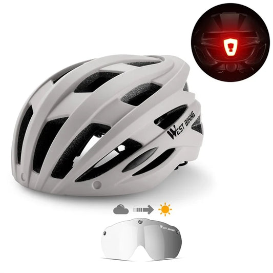 WEST BIKING YP1602564 Photochromic Lens Detachable Goggles PC Shell Cycling Helmet with Tail Light