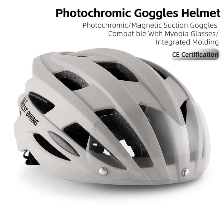 WEST BIKING YP1602564 Photochromic Lens Detachable Goggles PC Shell Cycling Helmet with Tail Light