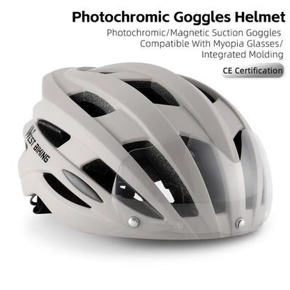 WEST BIKING YP1602564 Photochromic Lens Detachable Goggles PC Shell Cycling Helmet with Tail Light